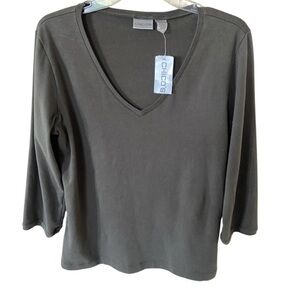 Chico's Vessa Olive V-Neck 3/4 Sleeve Top NWT size 2 , Cotton